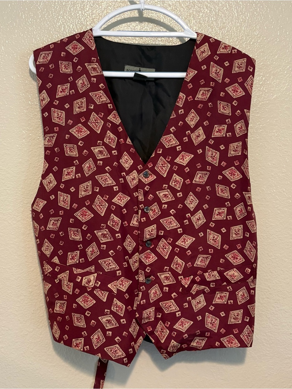90s Dark Academia Silk Vest Robert Stock Geometric Tapestry Gilet Burgundy M